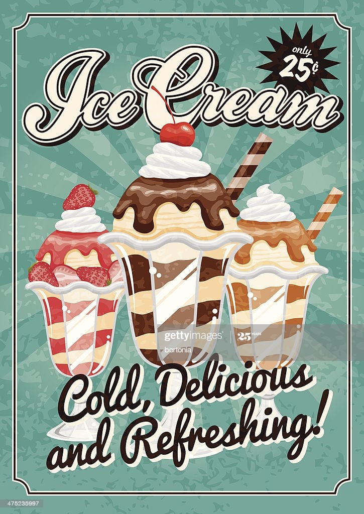 an ice cream sunday poster with minty greens and caramel browns and creamy whites.